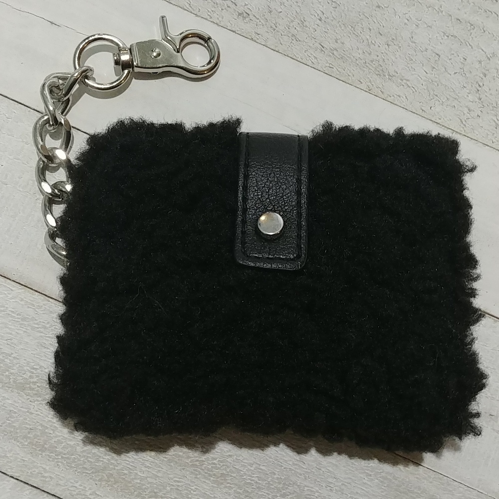 NEW Faux Shearling Card Holder Key Ring Bag Charm Black Faux Leather